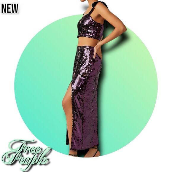 New NWT Free People Star Bright Sequin Two-Piece Crop Top & Midi Skirt - sz4 - Picture 4 of 5